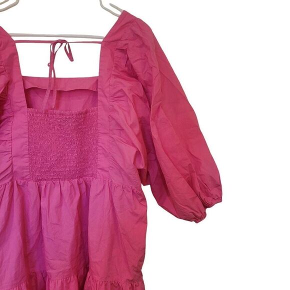 A New Day Women's Hot Pink Cotton Puff Sleeves Baby Doll Tiered Dress w Pockets - Picture 7 of 16